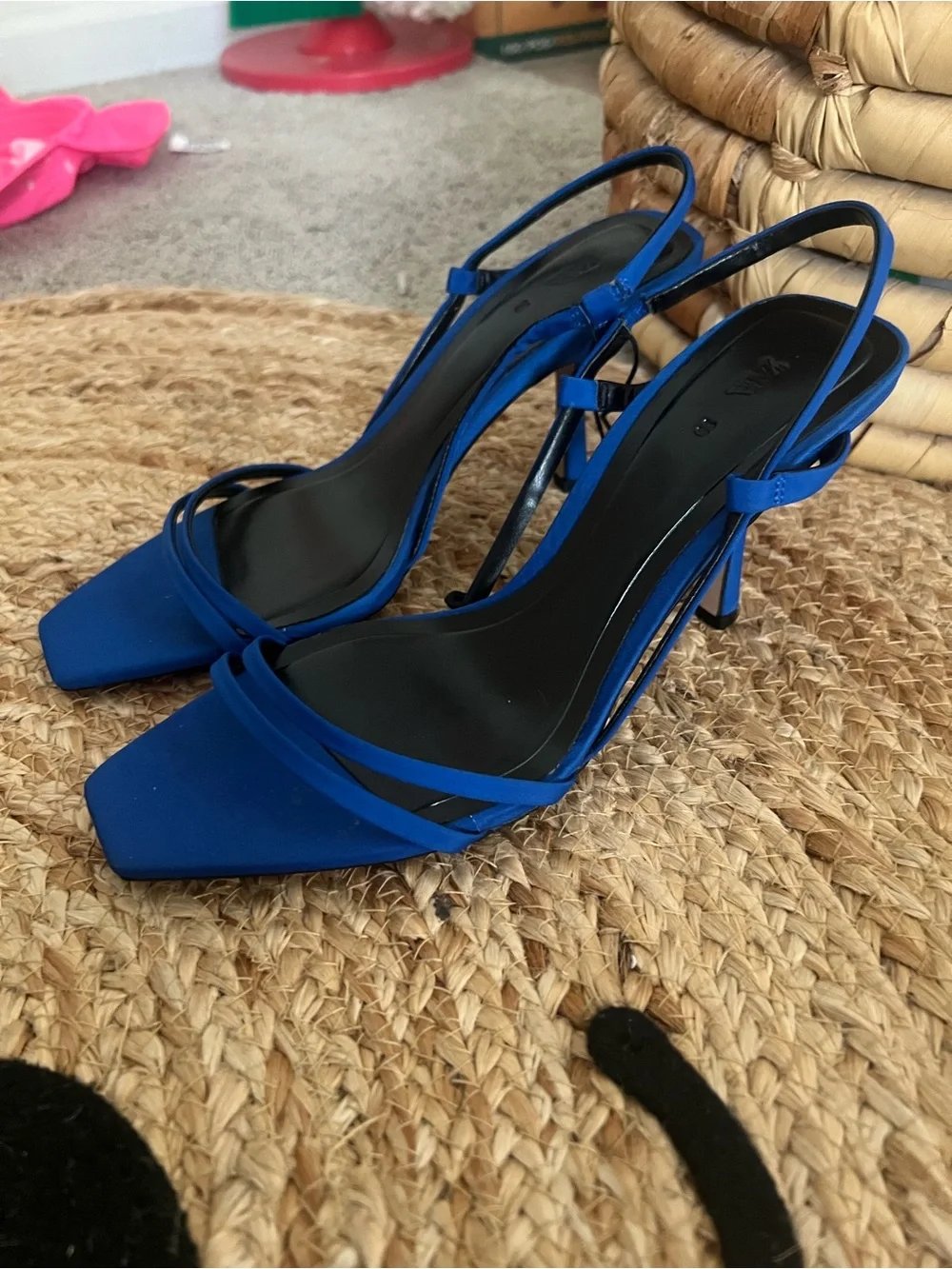 Women’s Zara Cobalt Blue Strappy Square-Toe Slingback Heels NWT size 38 or 7.5